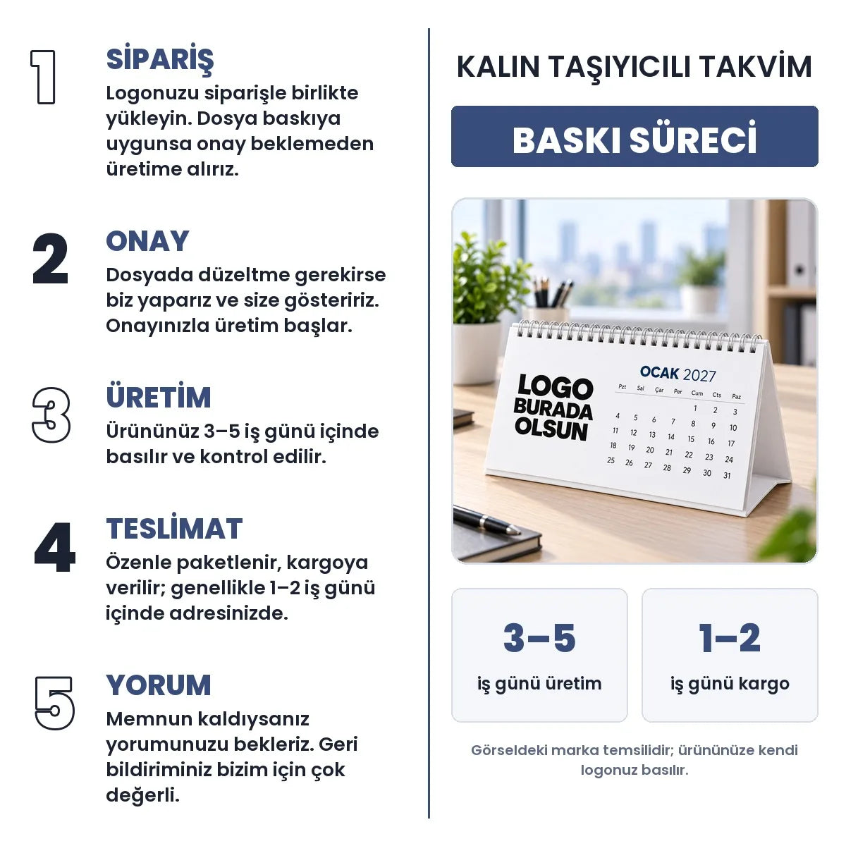 Kalın taşıyıcılı masa takvimi baskı süreci: üretim 3-5 iş günü, kargo 1-2 iş günü
