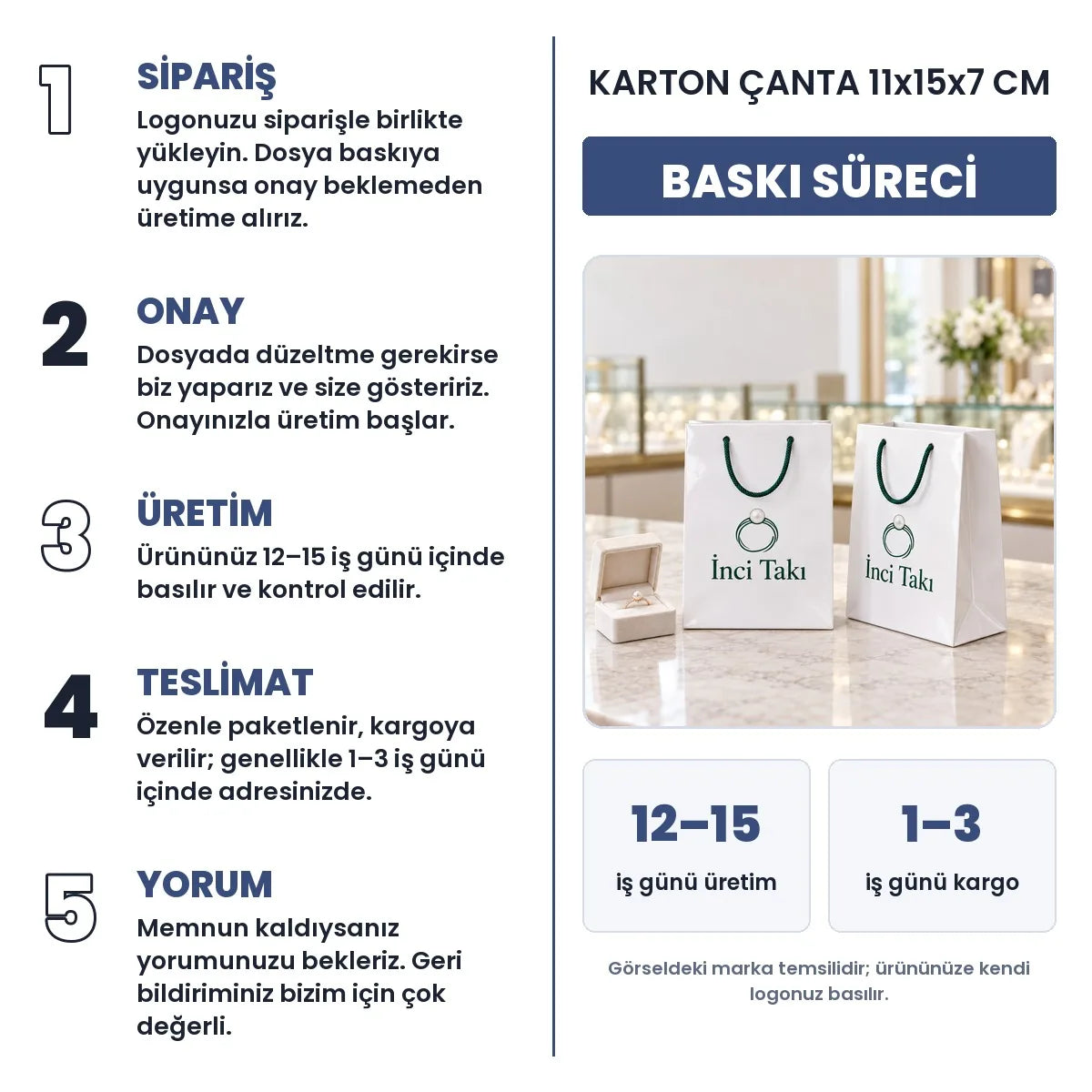 Karton çanta 11x15x7 cm baskı süreci: sipariş, onay, üretim 12–15 iş günü, teslimat 1–3 iş günü