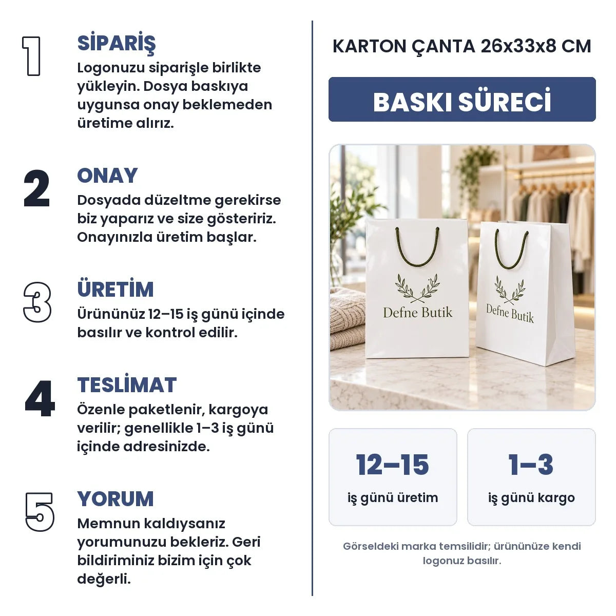 Karton çanta 26x33x8 cm baskı süreci: sipariş, onay, üretim 12–15 iş günü, teslimat 1–3 iş günü