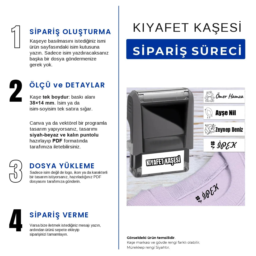 Okul kıyafet kaşesi sipariş süreci: isim yazma, ölçü, dosya yükleme, sipariş