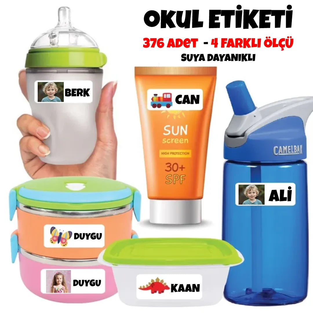 İsme özel okul etiketi seti — isimli ve ikonlu stickerlar bir arada