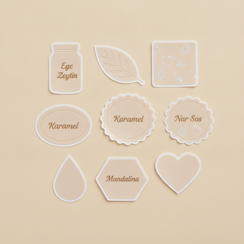 Tam kesim sticker çeşitleri — yuvarlak, kare, oval, yaprak, rozet şekillerinde özel kesim