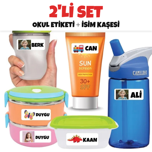 Okul seti – 376 parça isimli okul etiketi + isim kaşesi; matara, beslenme kutusu, krem tüpü ve biberonda isimli etiketler