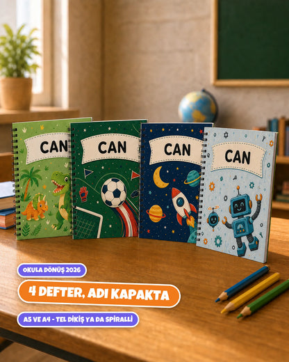 İsimli okul defter seti — 4 defter, kapakta çocuğun adı, A5 ve A4 boy
