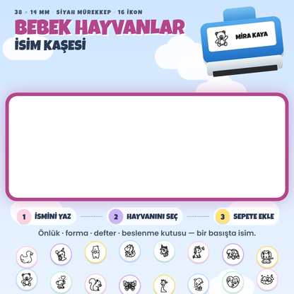 Bebek Hayvanlar isim kaşesi — mavi kendinden mürekkepli kaşe, ismini yaz, ikonunu seç; 38x14 mm
