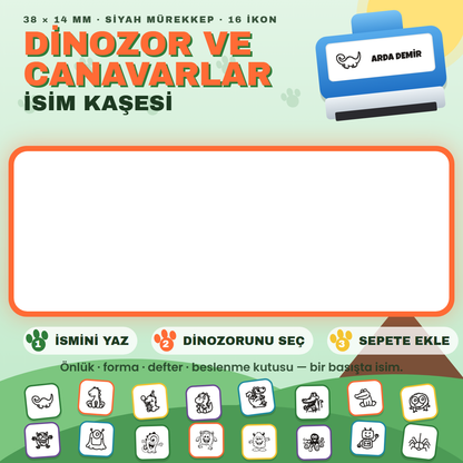 Dinozor ve Canavarlar isim kaşesi — mavi kendinden mürekkepli kaşe, ismini yaz, ikonunu seç; 38x14 mm