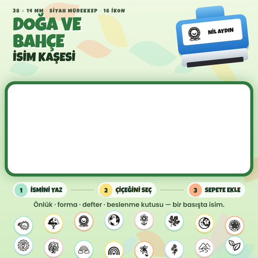 Doğa ve Bahçe isim kaşesi — mavi kendinden mürekkepli kaşe, ismini yaz, ikonunu seç; 38x14 mm