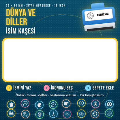 Dünya ve Diller isim kaşesi — mavi kendinden mürekkepli kaşe, ismini yaz, ikonunu seç; 38x14 mm