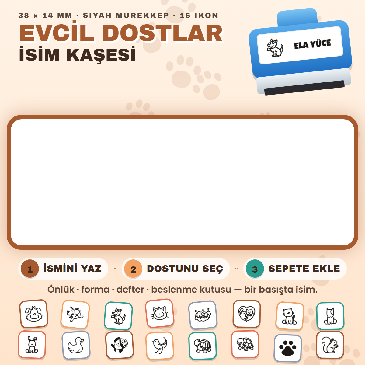 Evcil Dostlar isim kaşesi — mavi kendinden mürekkepli kaşe, ismini yaz, ikonunu seç; 38x14 mm