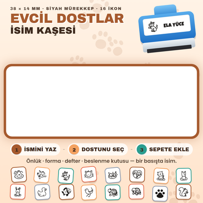 Evcil Dostlar isim kaşesi — mavi kendinden mürekkepli kaşe, ismini yaz, ikonunu seç; 38x14 mm