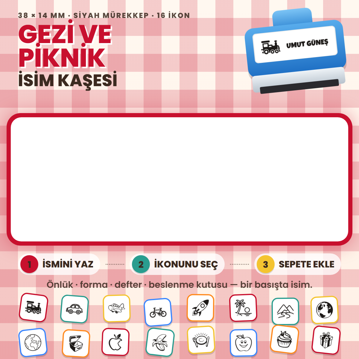 Gezi ve Piknik isim kaşesi — mavi kendinden mürekkepli kaşe, ismini yaz, ikonunu seç; 38x14 mm