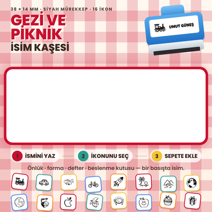 Gezi ve Piknik isim kaşesi — mavi kendinden mürekkepli kaşe, ismini yaz, ikonunu seç; 38x14 mm
