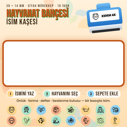 Hayvanat Bahçesi isim kaşesi — mavi kendinden mürekkepli kaşe, ismini yaz, ikonunu seç; 38x14 mm