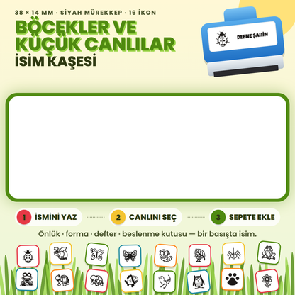 Böcekler ve Küçük Canlılar isim kaşesi — mavi kendinden mürekkepli kaşe, ismini yaz, ikonunu seç; 38x14 mm