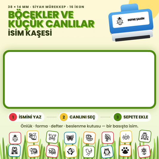 Böcekler ve Küçük Canlılar isim kaşesi — mavi kendinden mürekkepli kaşe, ismini yaz, ikonunu seç; 38x14 mm