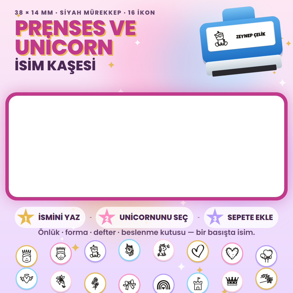 Prenses ve Unicorn isim kaşesi — mavi kendinden mürekkepli kaşe, ismini yaz, ikonunu seç; 38x14 mm