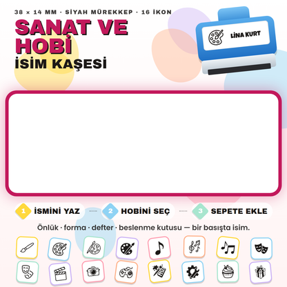Sanat ve Hobi isim kaşesi — mavi kendinden mürekkepli kaşe, ismini yaz, ikonunu seç; 38x14 mm