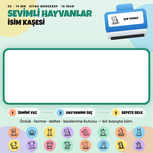 Sevimli Hayvanlar isim kaşesi — mavi kendinden mürekkepli kaşe, ismini yaz, ikonunu seç; 38x14 mm