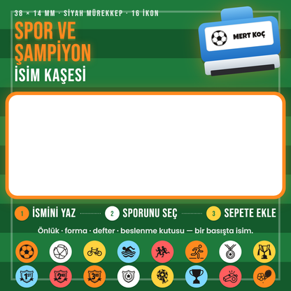 Spor ve Şampiyon isim kaşesi — mavi kendinden mürekkepli kaşe, ismini yaz, ikonunu seç; 38x14 mm