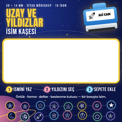 Uzay ve Yıldızlar isim kaşesi — mavi kendinden mürekkepli kaşe, ismini yaz, ikonunu seç; 38x14 mm