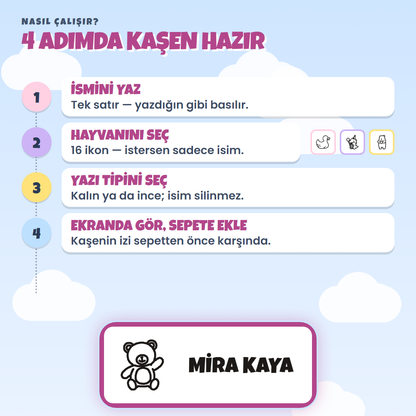 4 adımda kaşen hazır: ismini yaz, ikonunu seç, yazı tipini seç, ekranda gör
