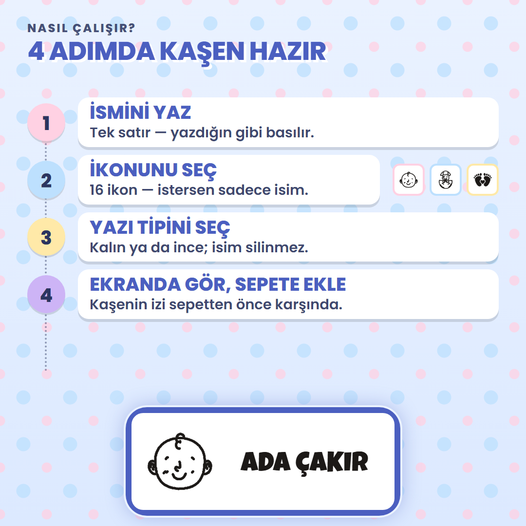 4 adımda kaşen hazır: ismini yaz, ikonunu seç, yazı tipini seç, ekranda gör