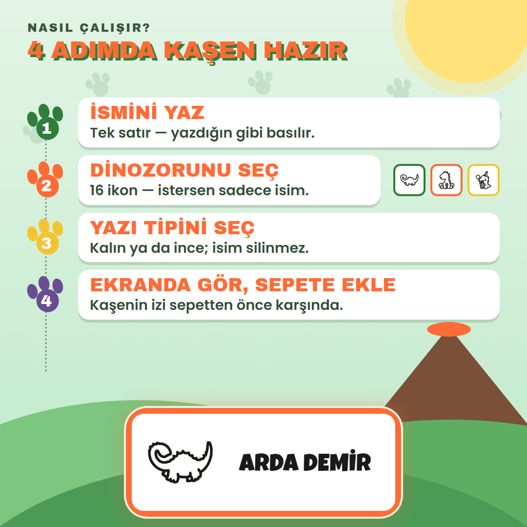 4 adımda kaşen hazır: ismini yaz, ikonunu seç, yazı tipini seç, ekranda gör