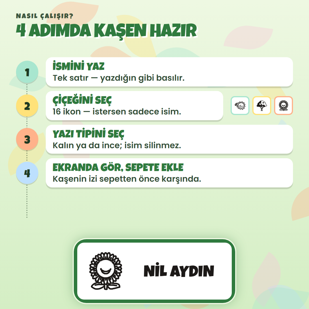 4 adımda kaşen hazır: ismini yaz, ikonunu seç, yazı tipini seç, ekranda gör