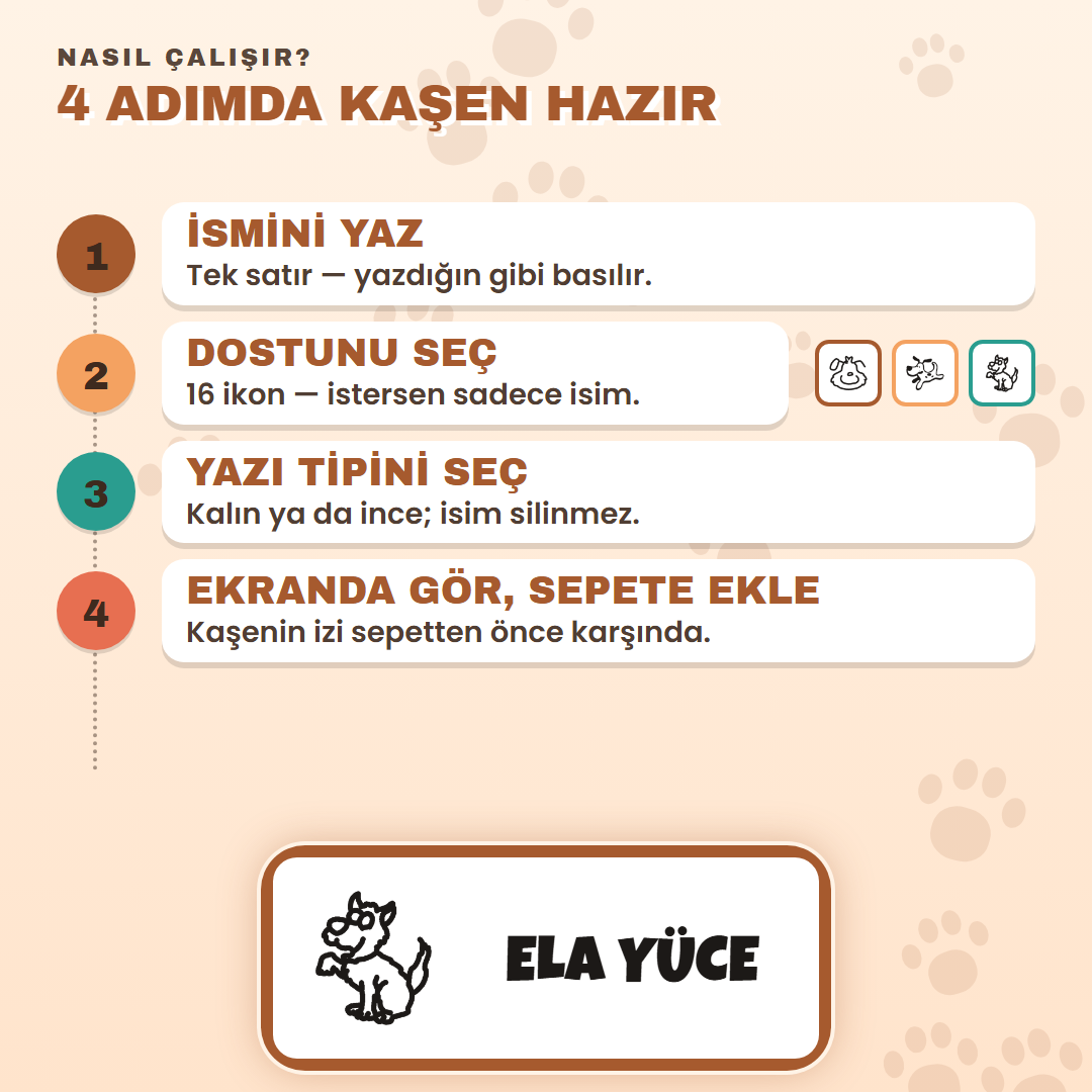 4 adımda kaşen hazır: ismini yaz, ikonunu seç, yazı tipini seç, ekranda gör