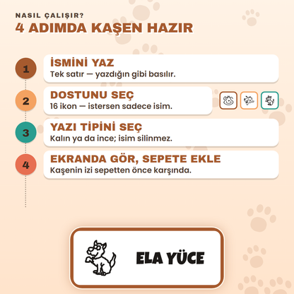 4 adımda kaşen hazır: ismini yaz, ikonunu seç, yazı tipini seç, ekranda gör