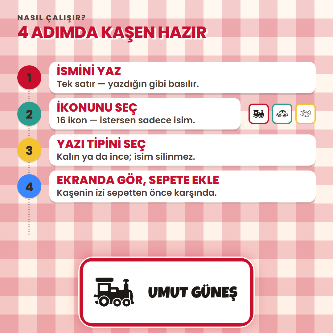 4 adımda kaşen hazır: ismini yaz, ikonunu seç, yazı tipini seç, ekranda gör