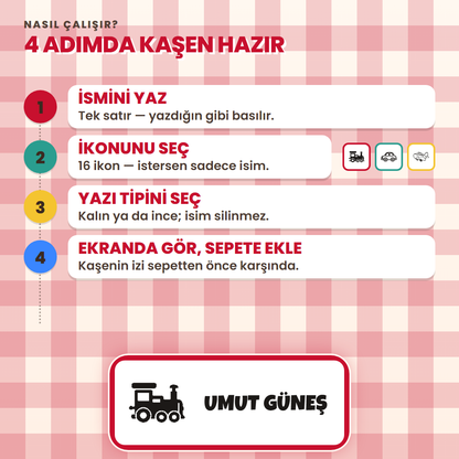 4 adımda kaşen hazır: ismini yaz, ikonunu seç, yazı tipini seç, ekranda gör