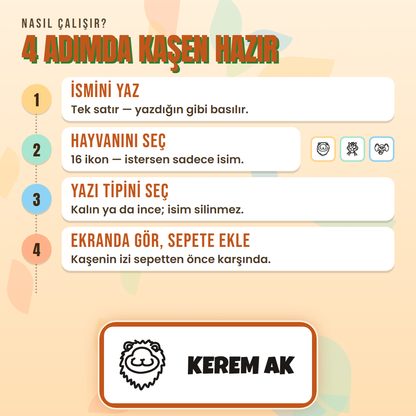 4 adımda kaşen hazır: ismini yaz, ikonunu seç, yazı tipini seç, ekranda gör