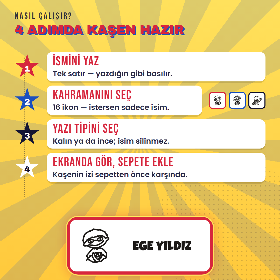 4 adımda kaşen hazır: ismini yaz, ikonunu seç, yazı tipini seç, ekranda gör