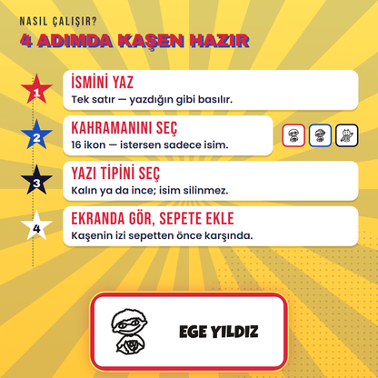 4 adımda kaşen hazır: ismini yaz, ikonunu seç, yazı tipini seç, ekranda gör