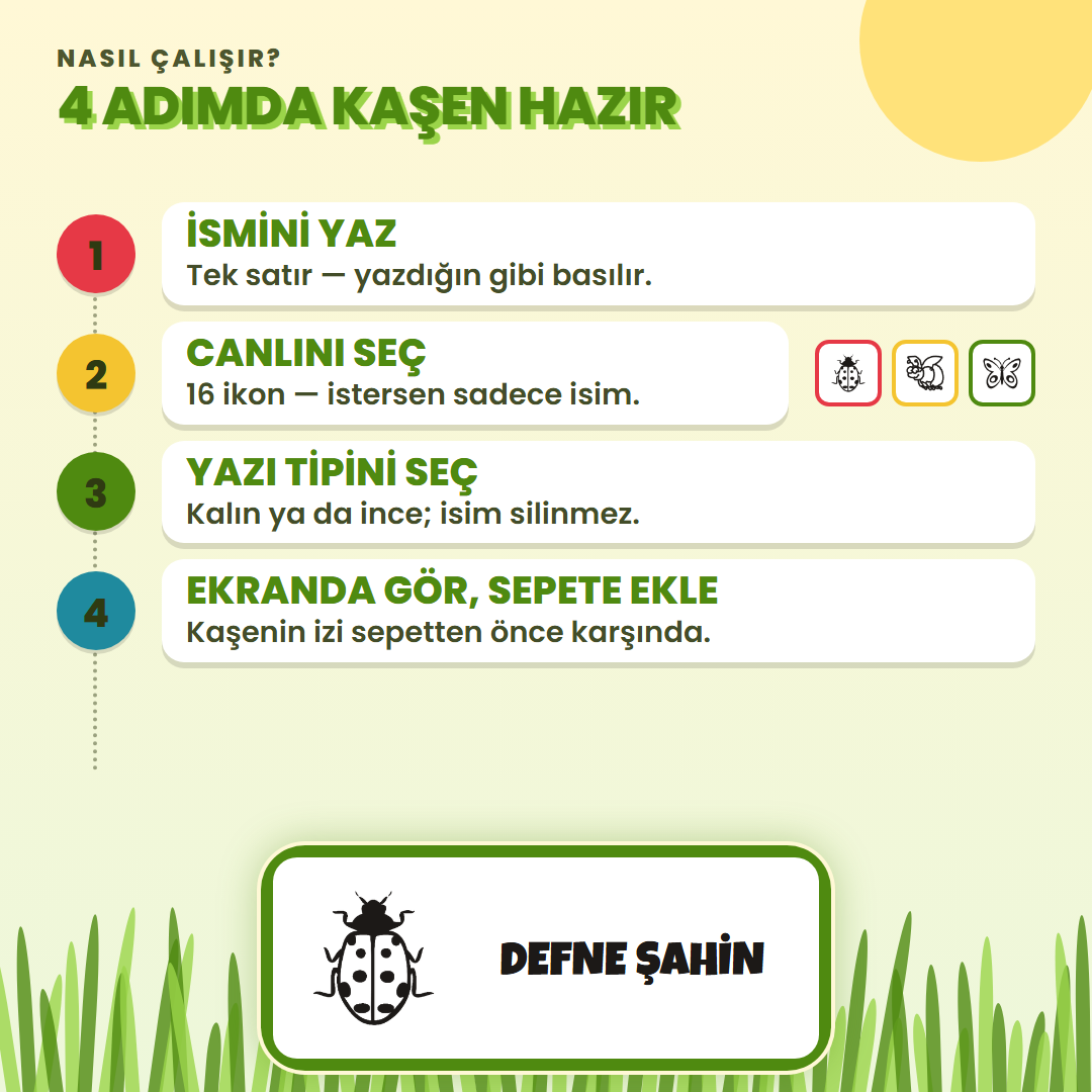 4 adımda kaşen hazır: ismini yaz, ikonunu seç, yazı tipini seç, ekranda gör