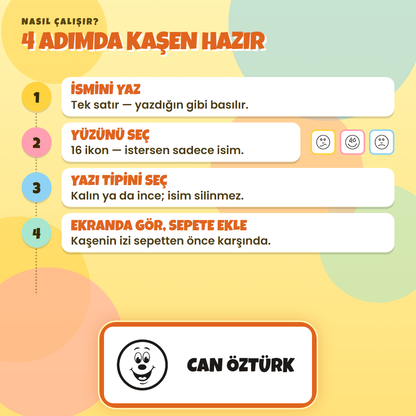 4 adımda kaşen hazır: ismini yaz, ikonunu seç, yazı tipini seç, ekranda gör