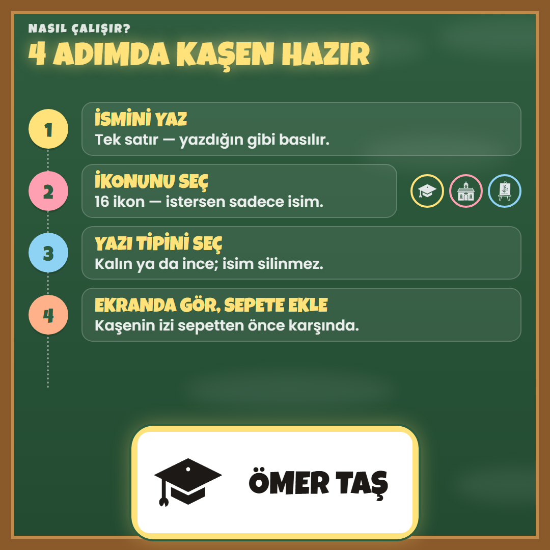 4 adımda kaşen hazır: ismini yaz, ikonunu seç, yazı tipini seç, ekranda gör