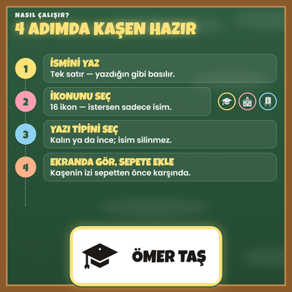 4 adımda kaşen hazır: ismini yaz, ikonunu seç, yazı tipini seç, ekranda gör