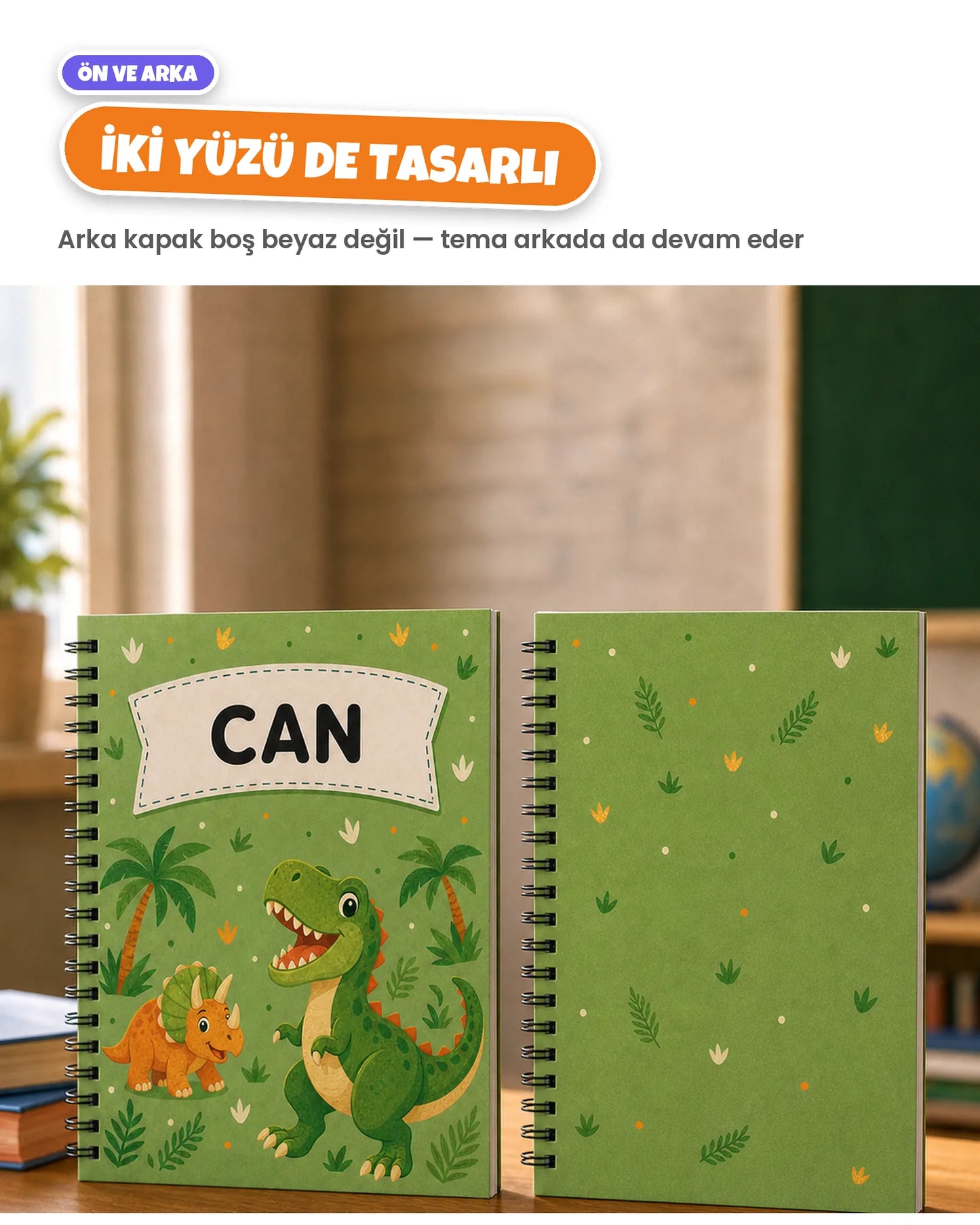 Defterin ön ve arka kapağı aynı temada tasarlandı