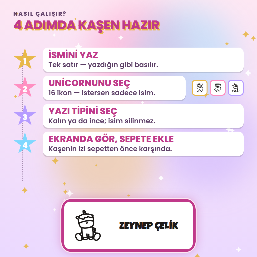 4 adımda kaşen hazır: ismini yaz, ikonunu seç, yazı tipini seç, ekranda gör