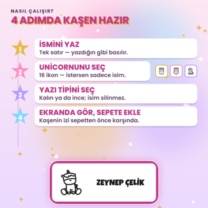 4 adımda kaşen hazır: ismini yaz, ikonunu seç, yazı tipini seç, ekranda gör