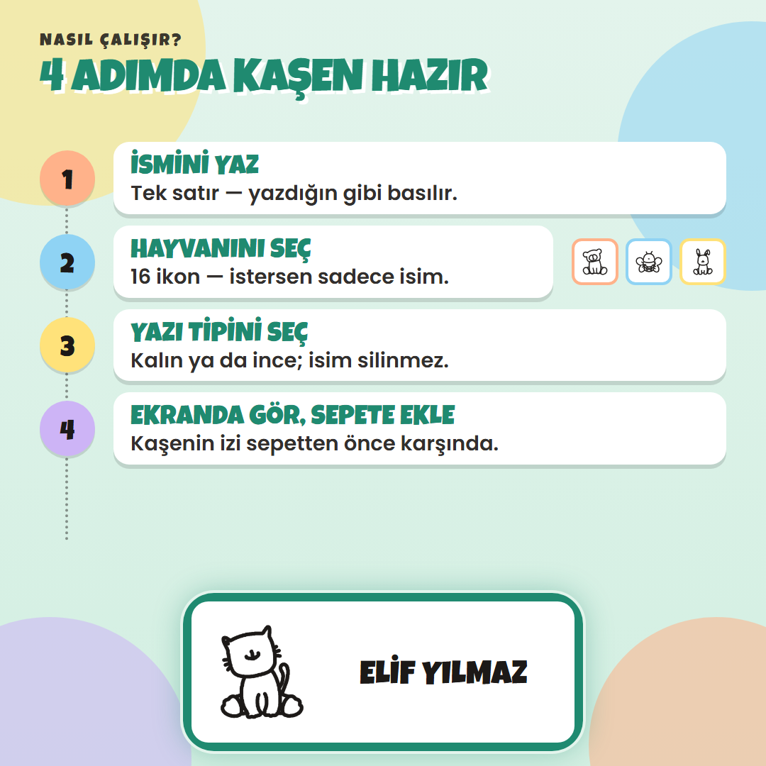 4 adımda kaşen hazır: ismini yaz, ikonunu seç, yazı tipini seç, ekranda gör