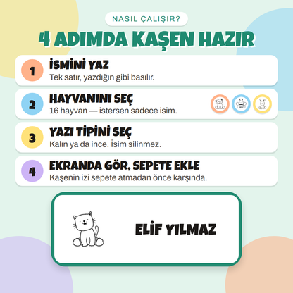 4 adımda kaşen hazır: ismini yaz, hayvanını seç, yazı tipini seç, ekranda gör