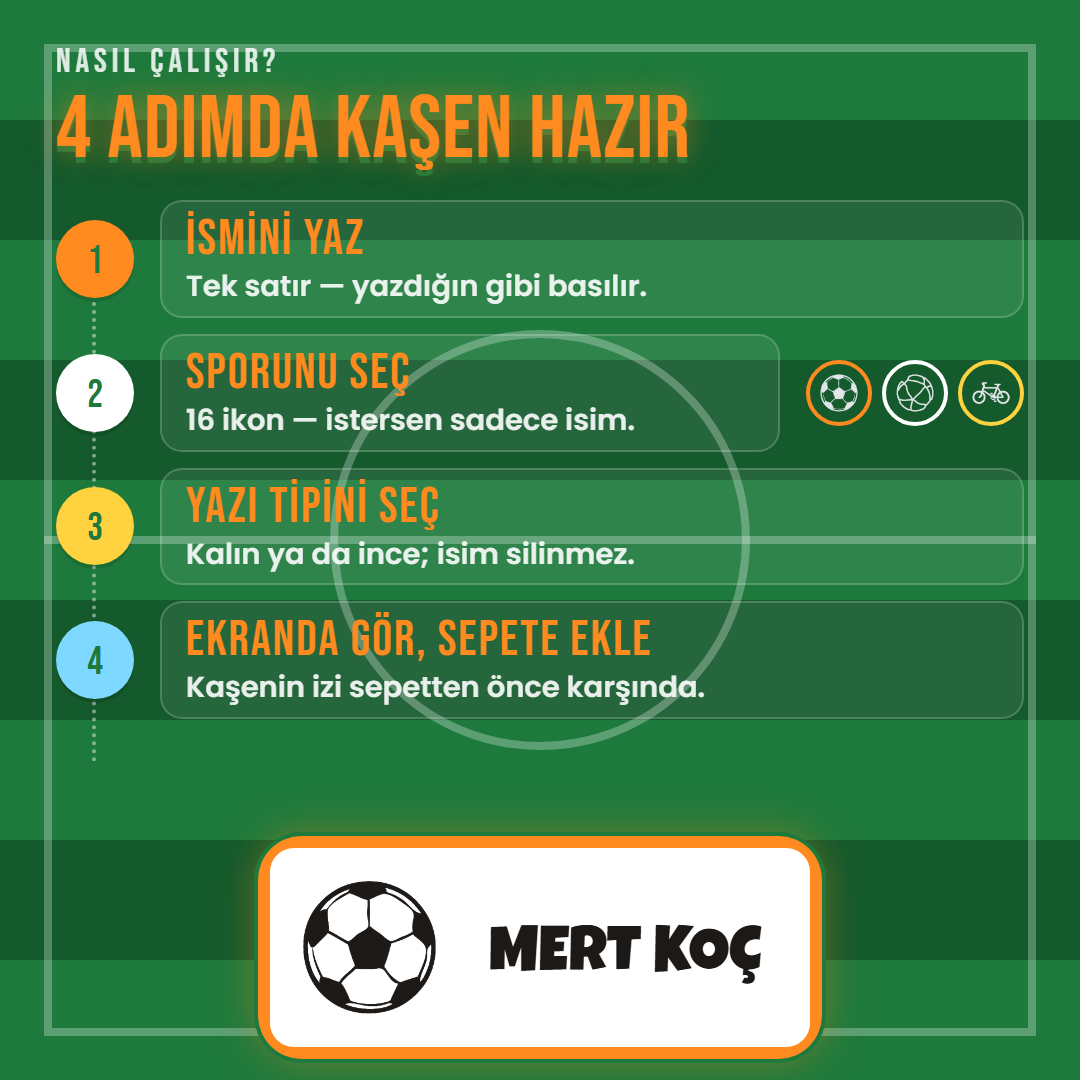 4 adımda kaşen hazır: ismini yaz, ikonunu seç, yazı tipini seç, ekranda gör