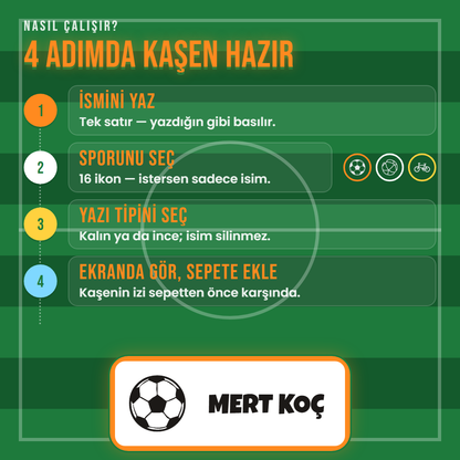 4 adımda kaşen hazır: ismini yaz, ikonunu seç, yazı tipini seç, ekranda gör