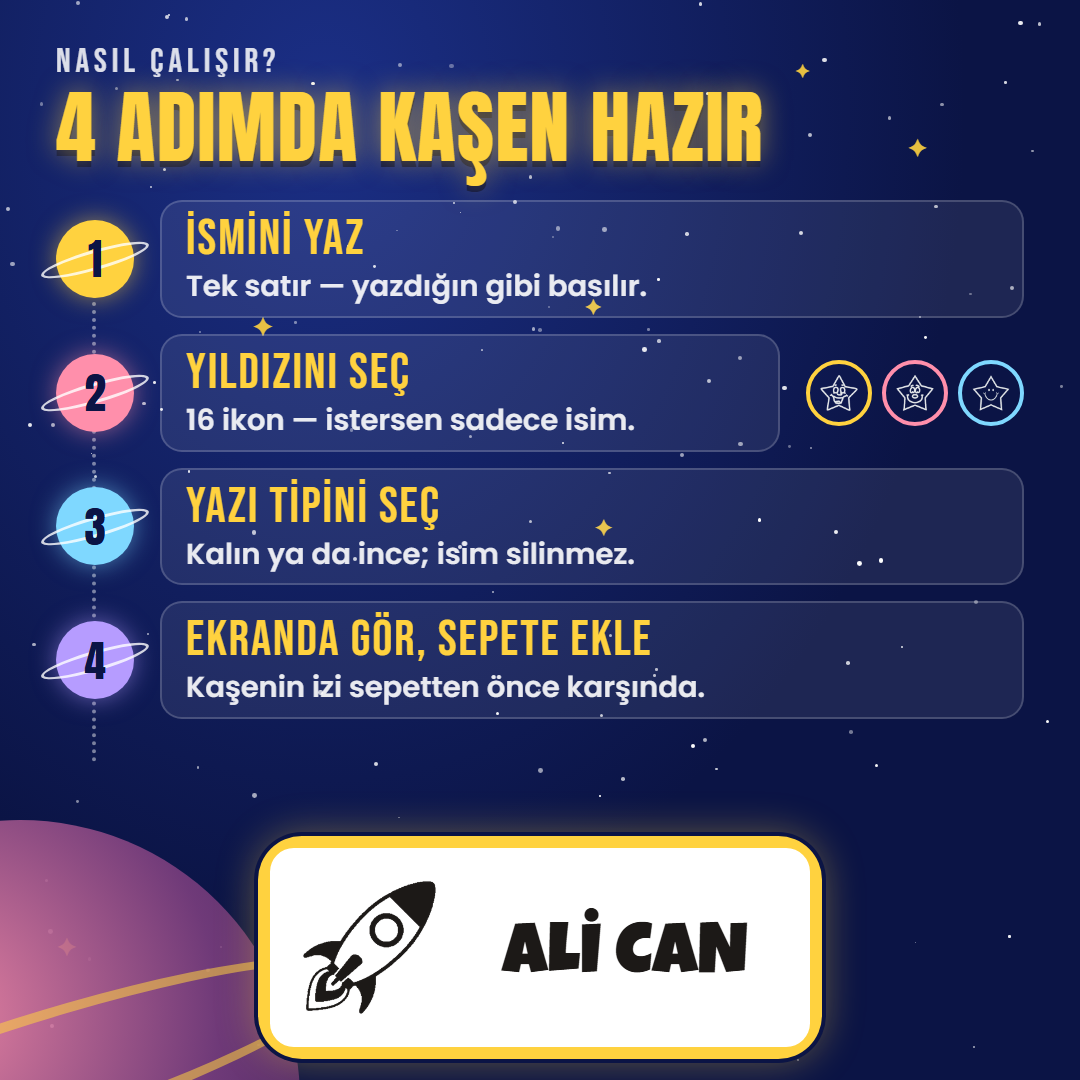 4 adımda kaşen hazır: ismini yaz, ikonunu seç, yazı tipini seç, ekranda gör