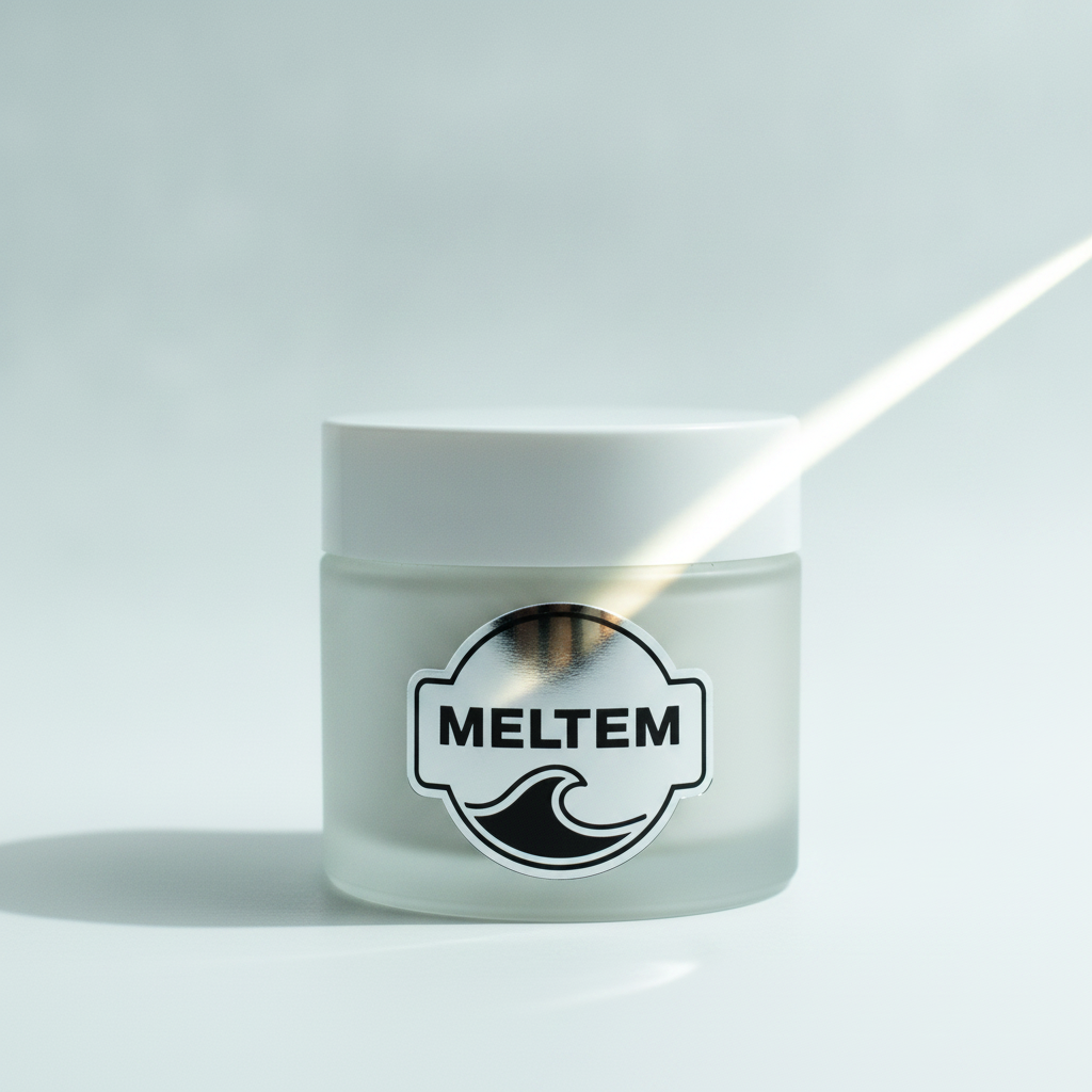 Krem kavanozunda gümüş metalize sticker — ayna krom logo etiketi, premium kozmetik ambalajı