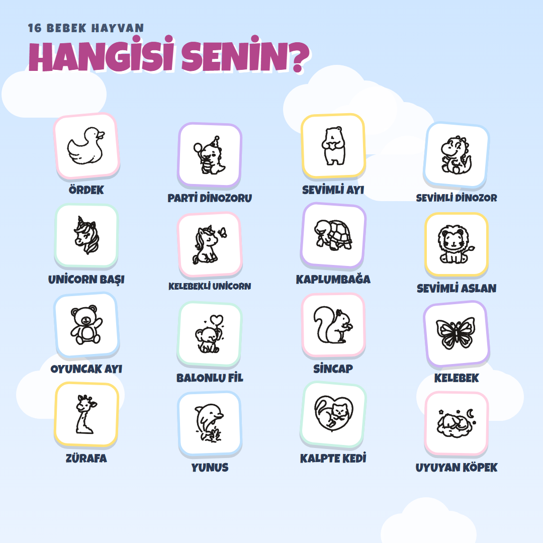 Bebek Hayvanlar kaşesi 16 ikon seçeneği