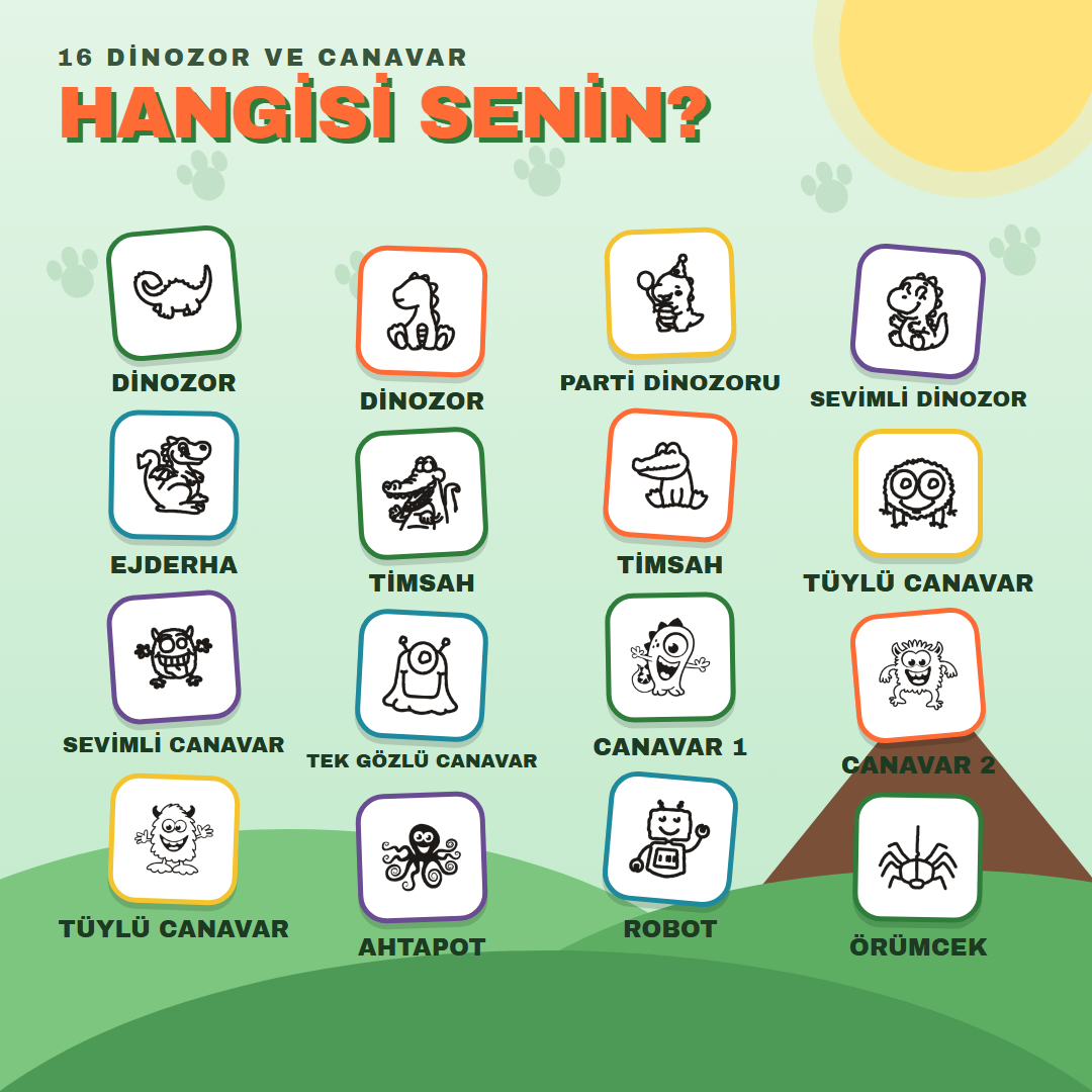 Dinozor ve Canavarlar kaşesi 16 ikon seçeneği